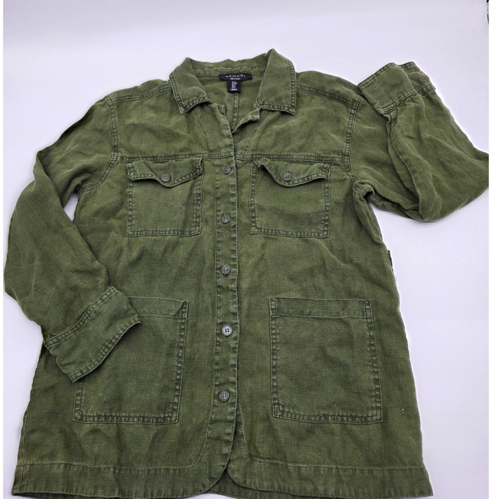 LUXE Linen Utility Jacket Women Medium Green Button Down Pockets  Classic Casual